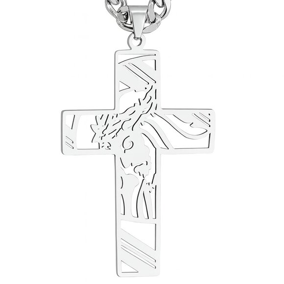 Men Stainless Steel Crown of Thorns Jesus Cross Necklace - Picture 8 of 11